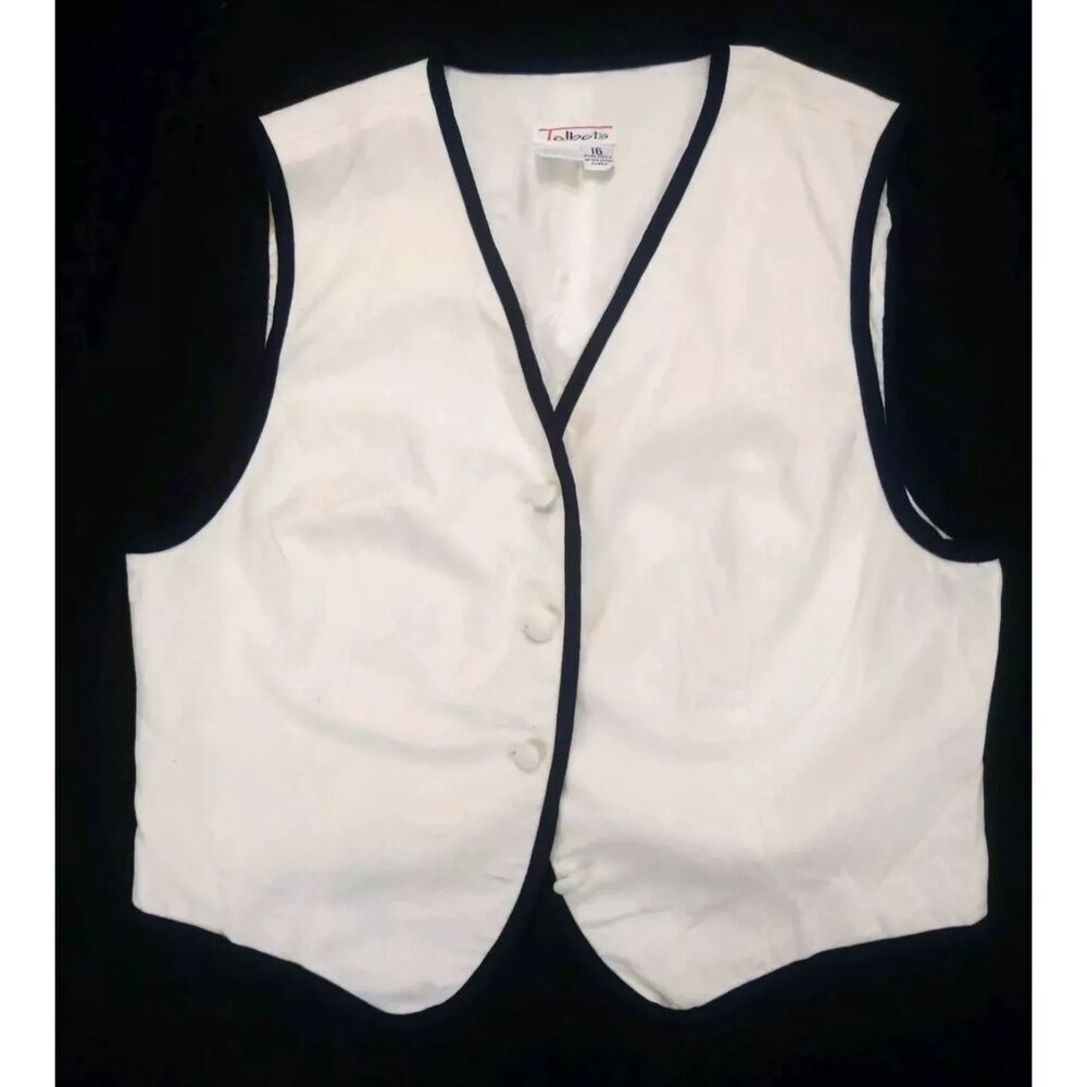 Vintage Talbots Vest Womens Size 16 White Navy Blue Lining 3 Button Made in USA